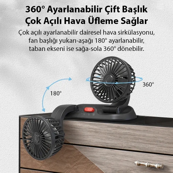 VipMarketim ALLY F410 USB Çift Başlıklı Araç Fanı Oto Fan Vantilatör-(5775)