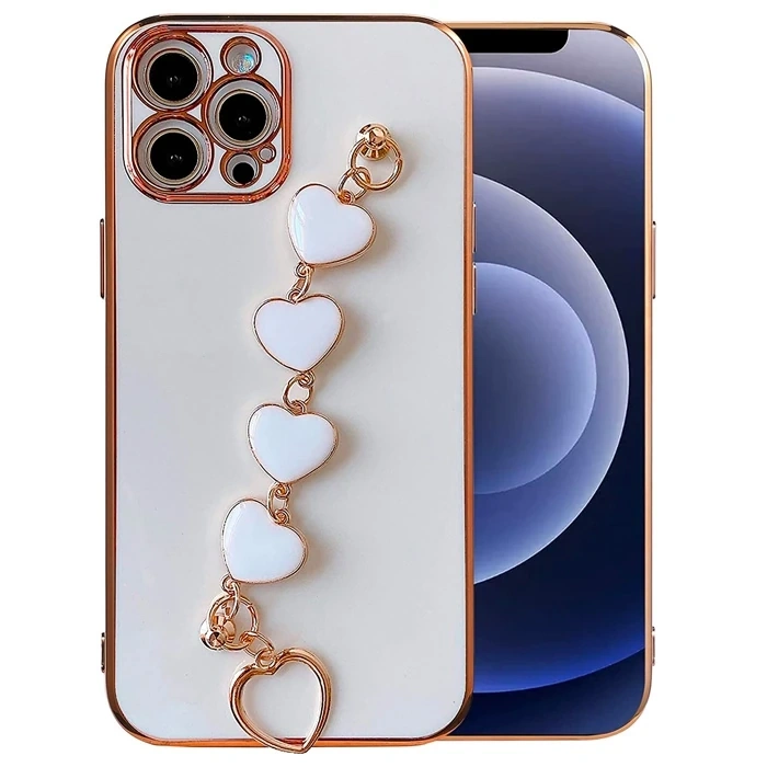 VipMarketim Ally iPhone 12 Pro Max 6.7inç Kılıf Kalp Bileklik Tutuculu Lüx Silikon Askılı Kılıf-(5775)