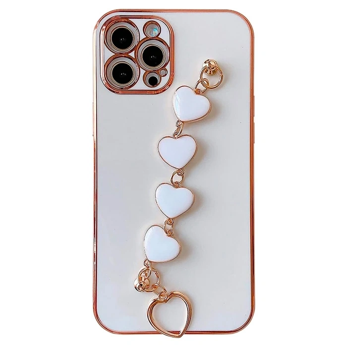 VipMarketim Ally iPhone 12 Pro Max 6.7inç Kılıf Kalp Bileklik Tutuculu Lüx Silikon Askılı Kılıf-(5775)