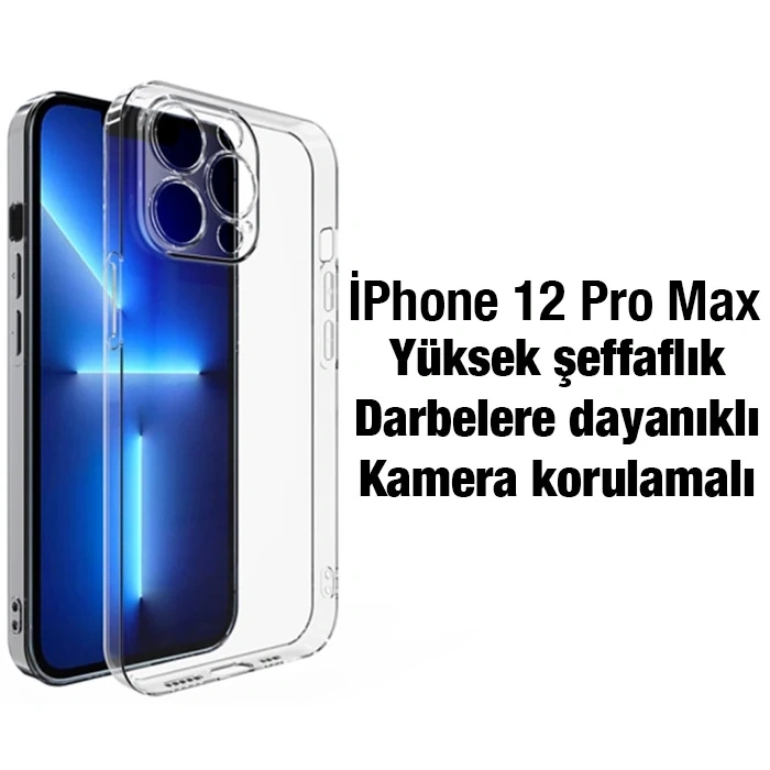 VipMarketim Ally iPhone 12 Pro Max 6.7inç Kılıf Kamera Korumalı Ultra İnce Şeffaf Silikon Kılıf-(5775)