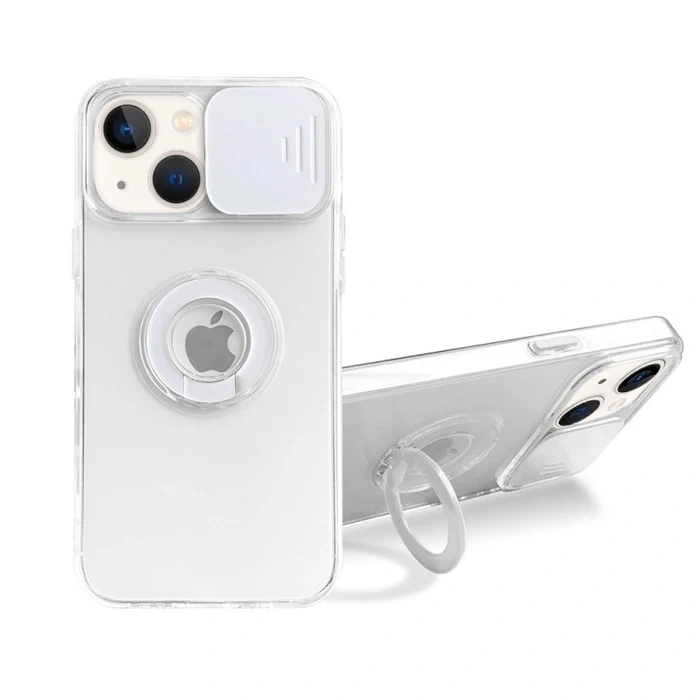 VipMarketim Ally iPhone 13 6.1 inç Kılıf Sürgülü Kamera Lens Korumalı Yüzük Standlı Silikon Kılıf-(5775)