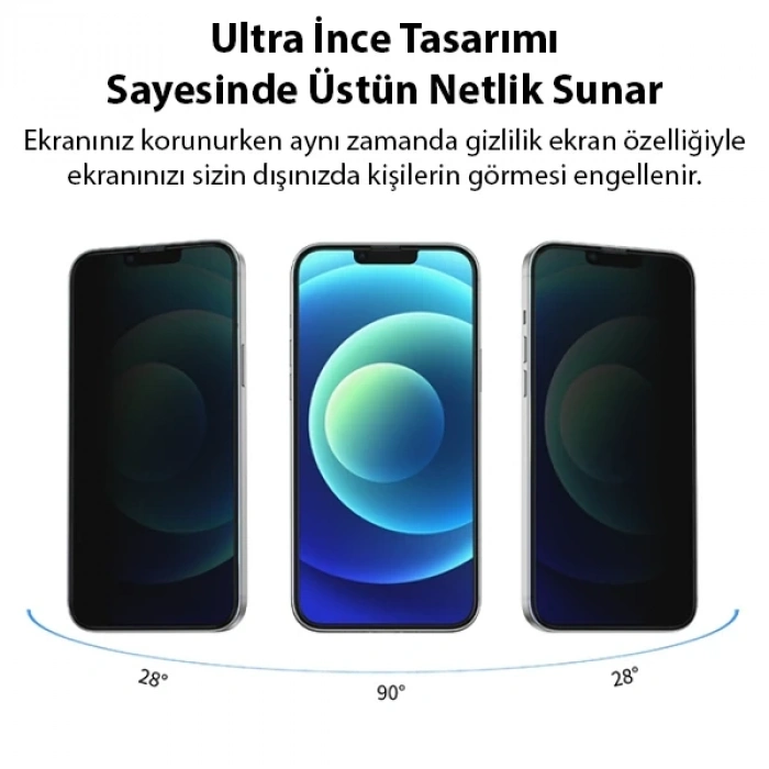 VipMarketim ALLY İPhone 13 Mini 3D Full Privacy Gizlilik Cam Ekran Koruyucu Anti-Spy-(5775)