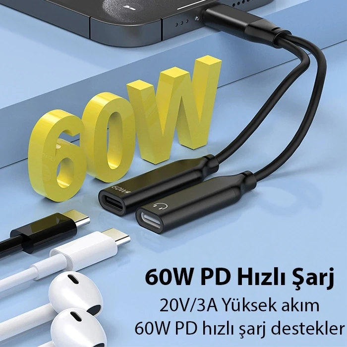 VipMarketim Ally İphone 15 İçin Type-c Şarj + kulaklık 2İn1 Çevirici Adaptör 60W-(5775)