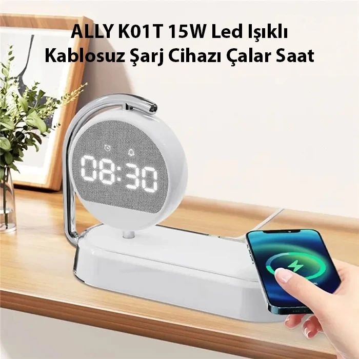 VipMarketim ALLY K01T 15W Led Işıklı Kablosuz Şarj Cihazı Çalar Saat-(5775)