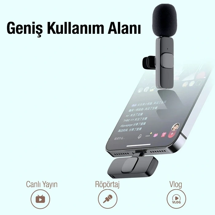 VipMarketim Ally K8 Lightning iPhone Tak Konuş Wireless Kablosuz Mini Yaka Mikrofonu Canlı Yayın Mikrofonu-(5775)