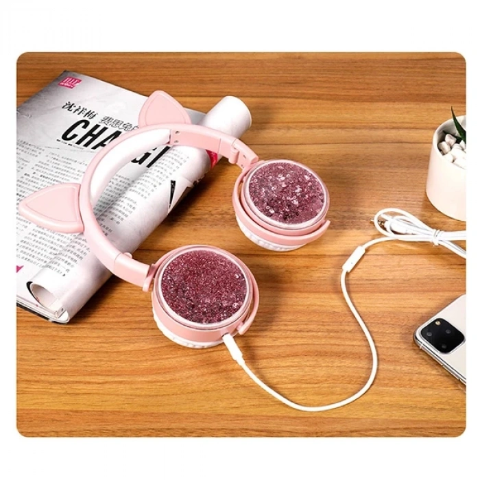 VipMarketim ALLY Kedi Kulak Simli Kablolu Mikrofonlu Kulaküstü Kulaklık 3.5mm jack-(5775)