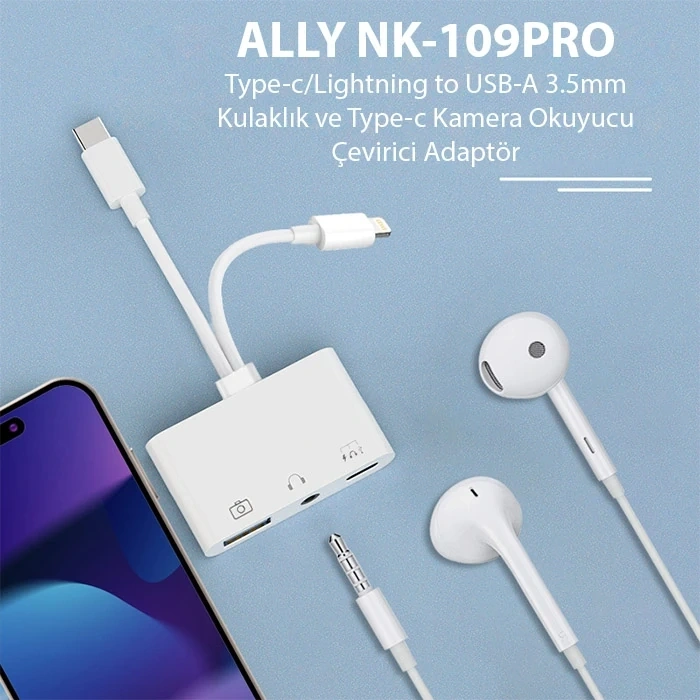 VipMarketim ALLY NK-109PRO Type-c/Lightning to USB-A 3.5mm Kulaklık ve Type-c Kamera Okuyucu Çevirici Adaptör-(5775)