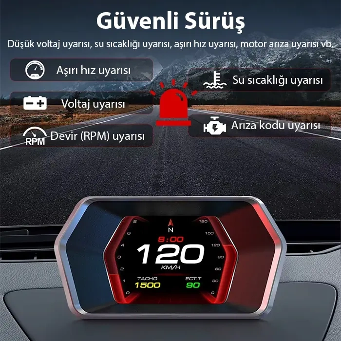VipMarketim Ally P17 HUD OBD2 & GPS Çift Sistemli Araç Bilgisayarı | Dijital Kilometre Su ve Yağ Sıcaklığı Ölçer Hız & Alarm Göstergeli Oto Elektroniği-(5775)
