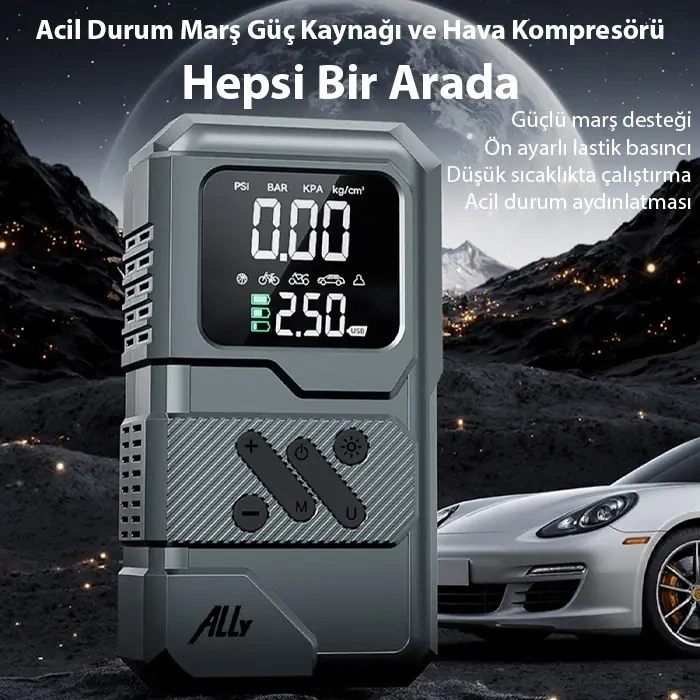 VipMarketim Ally ST-9654 Taşınabilir Göstergeli Araç Lastik Şişirme Ve Starter Akü Takviye Seti-(5775)