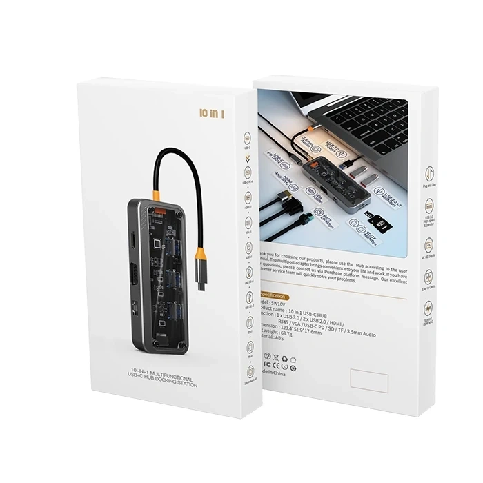 VipMarketim ALLY SW1V-PRO Type-c To USB3.0 3adet+ 3.5mm+ HDMI+ VGA+ SD + TF + Ethernet Çoğaltıcı Transparan Hub-(5775)
