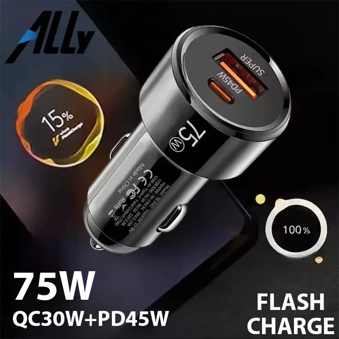 VipMarketim ALLY TurboCharge 75W Araç Şarj Cihazı – Çift Port (USB-C + USB-A-(5775)