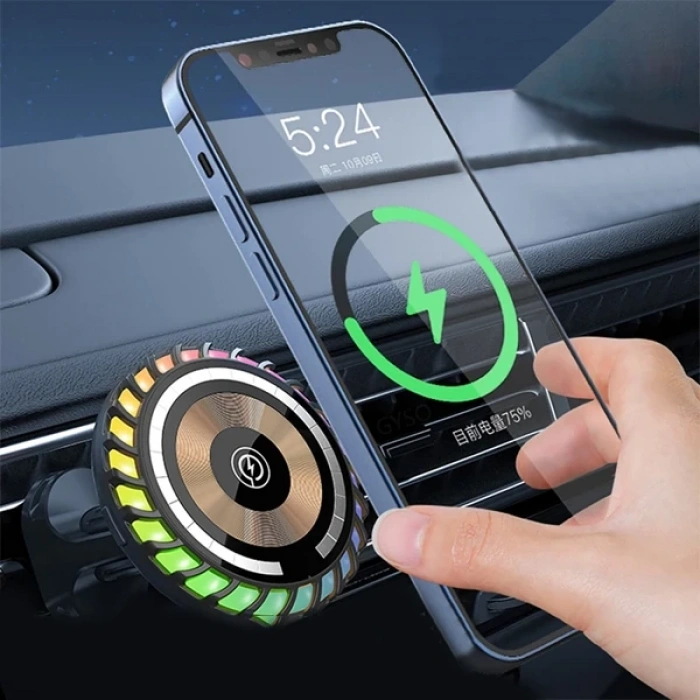 VipMarketim ALLY W06 MagSafe RGB 15W Kablosuz Hızlı Şarj Cihazı ve Araç İçi Telefon Tutucu-(5775)