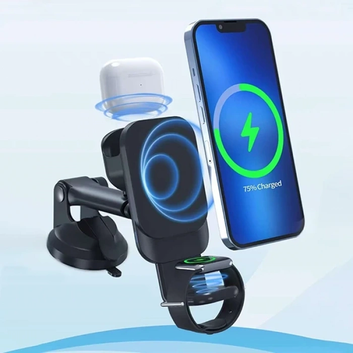 VipMarketim Ally Wireless Şarjlı 3in1 Torpido Üstü Ve Havalandırma Telefon Kulaklık Saat Tutucu-(5775)