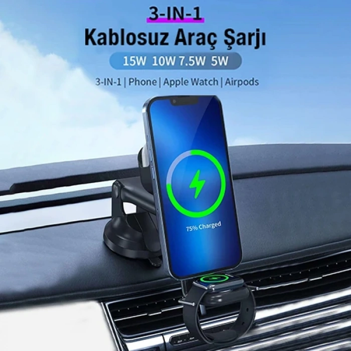 VipMarketim Ally Wireless Şarjlı 3in1 Torpido Üstü Ve Havalandırma Telefon Kulaklık Saat Tutucu-(5775)