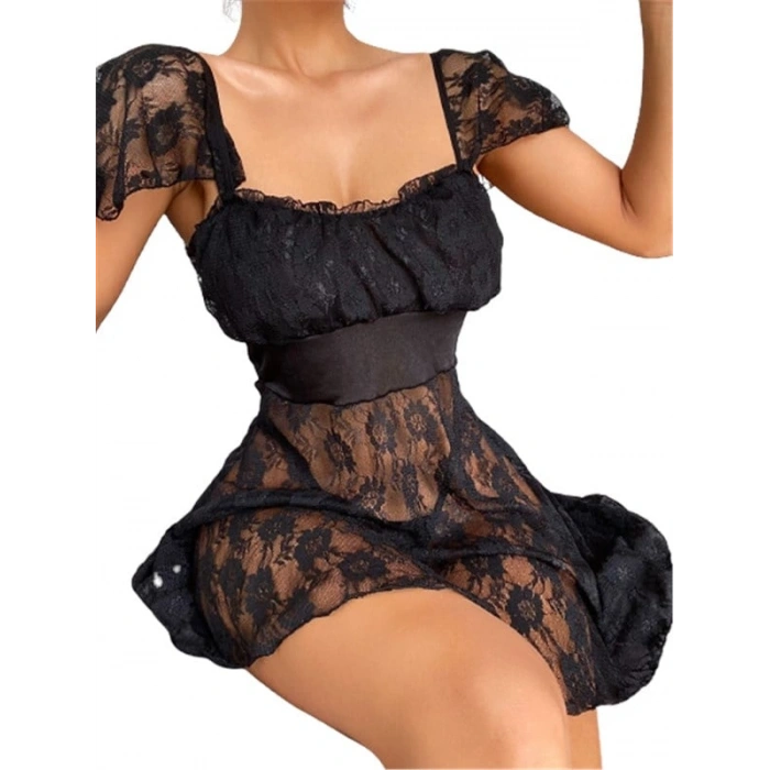 VipMarketim Alt Kısmı Tül Üst Kısmı Jarse Mini Fantazi Siyah Gecelik