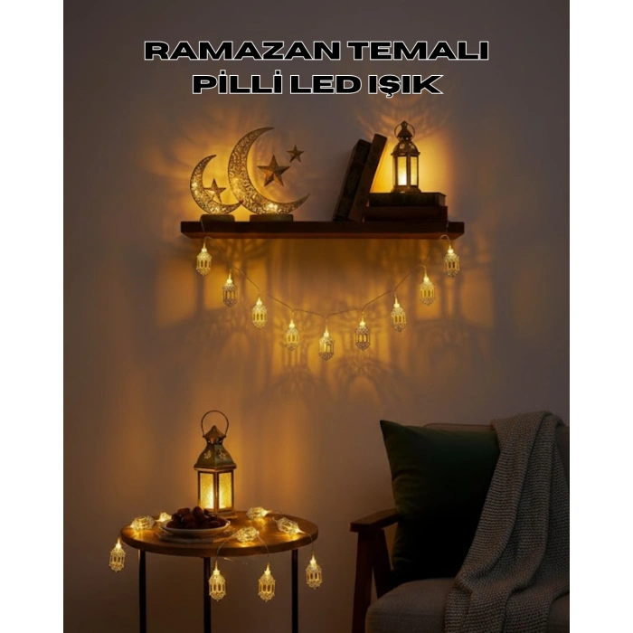 VipMarketim Altın Fener Detaylı Pilli Ramazan LED Işık Ev Dekorasyonu