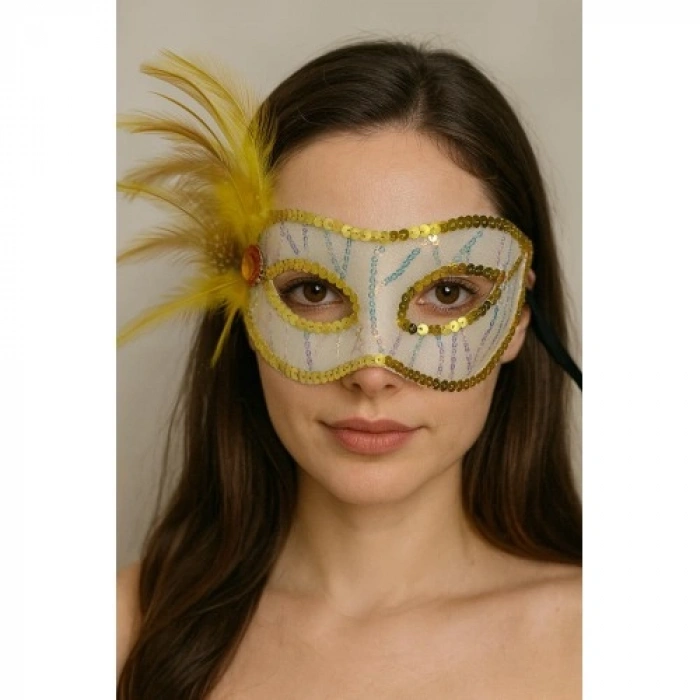 VipMarketim Altın Renk Yandan Tüylü Pul Payet İşlemeli Parti Maskesi 23x12 cm