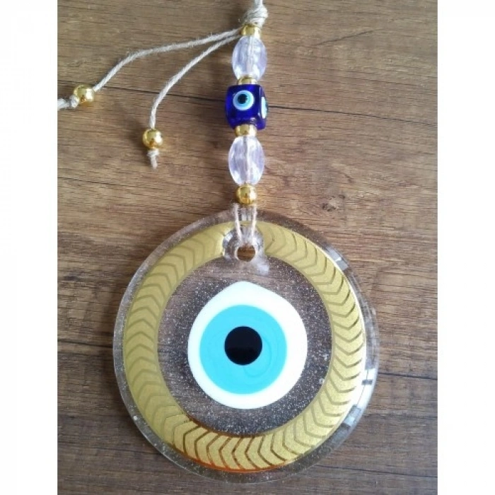 VipMarketim Altın Yaldızlı Nazar Boncuklu Şeffaf Cam Duvar Süsü