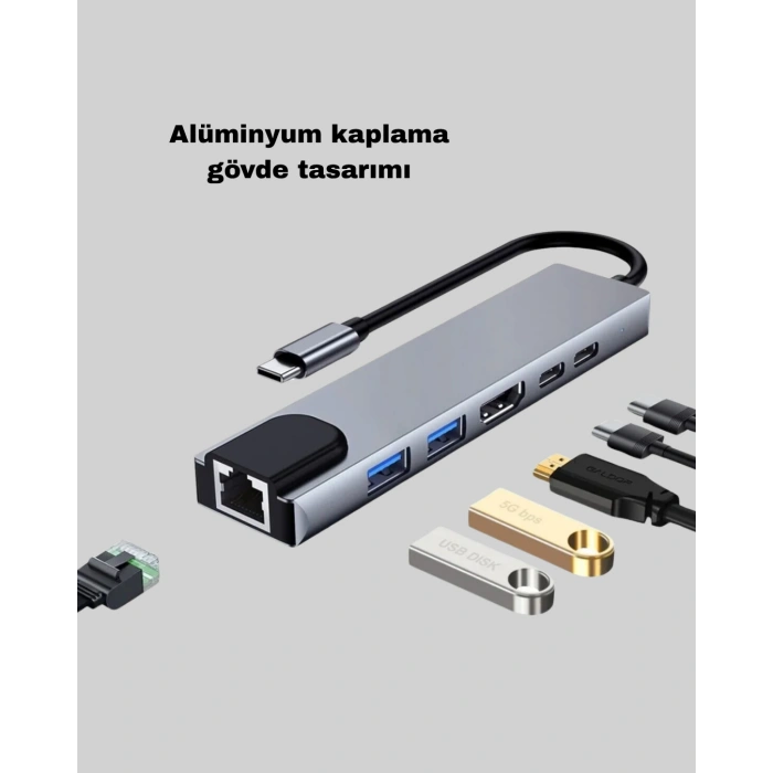 VipMarketim Alüminyum Kasalı MacBook USB-C Hub – 4K HDMI USB 3.0 SD/TF Kart Girişi PD Şarj Desteği