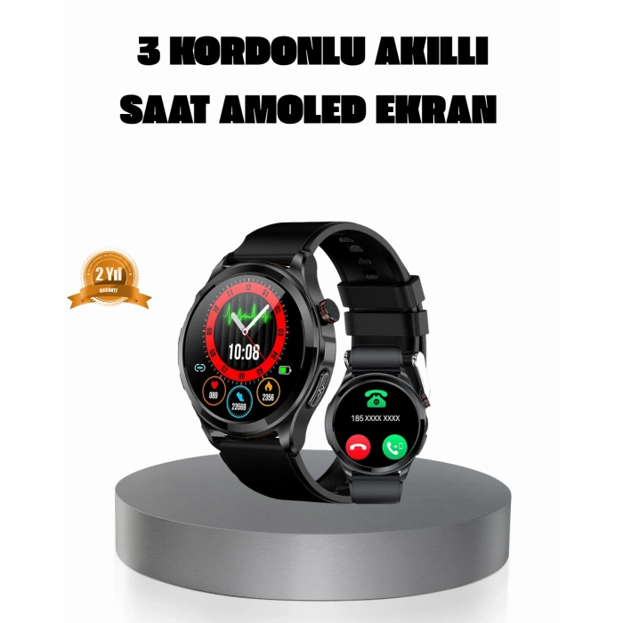 VipMarketim AMOLED Ekranlı Smartwatch – 3 Kordonlu Kalp Atış & Uyku Takipli Akıllı Saat