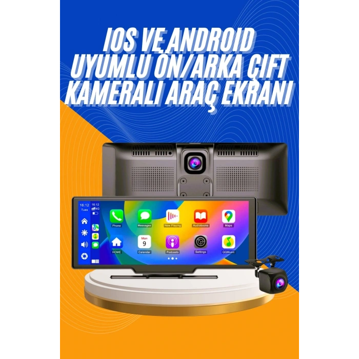 VipMarketim Android ve İOS Uyumlu Ön Arka Çift Kameralı Araç Ekranı Dokunmatik CarPlay