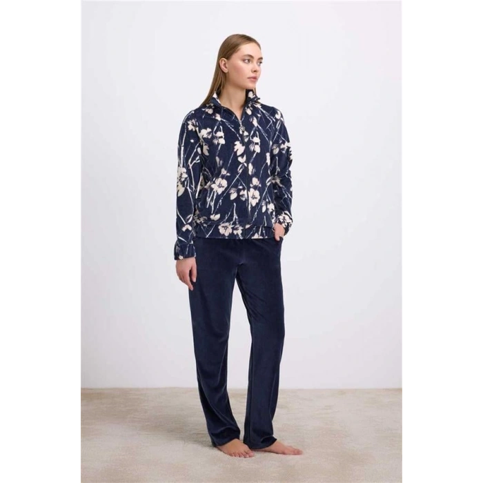 VipMarketim Anemon Kadın Uzun Kollu Çiçek Desenli Fermuarlı Sweatshirt Ve Düz Kadife Pantolon Takım (Kod:11535)
