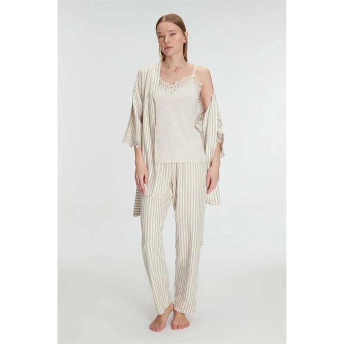 VipMarketim Anıl 11215 Kadın Sabahlık Atlet Pantolon Takım 3lü Pamuklu Gecelik Set