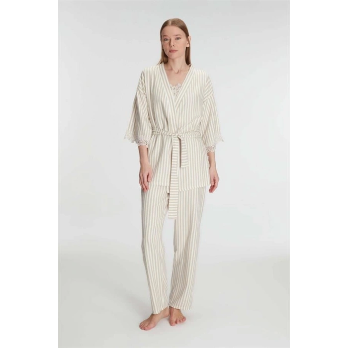 VipMarketim Anıl 11215 Kadın Sabahlık Atlet Pantolon Takım 3lü Pamuklu Gecelik Set