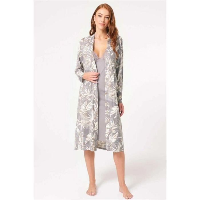 Vipmarketim Anıl İp Askılı V Yaka Bamboo Çiçek Desenli Kışlık Örme Normal Bel Bağlamalı Dantel Detaylı Gecelik Sabahlık (kod:5791)