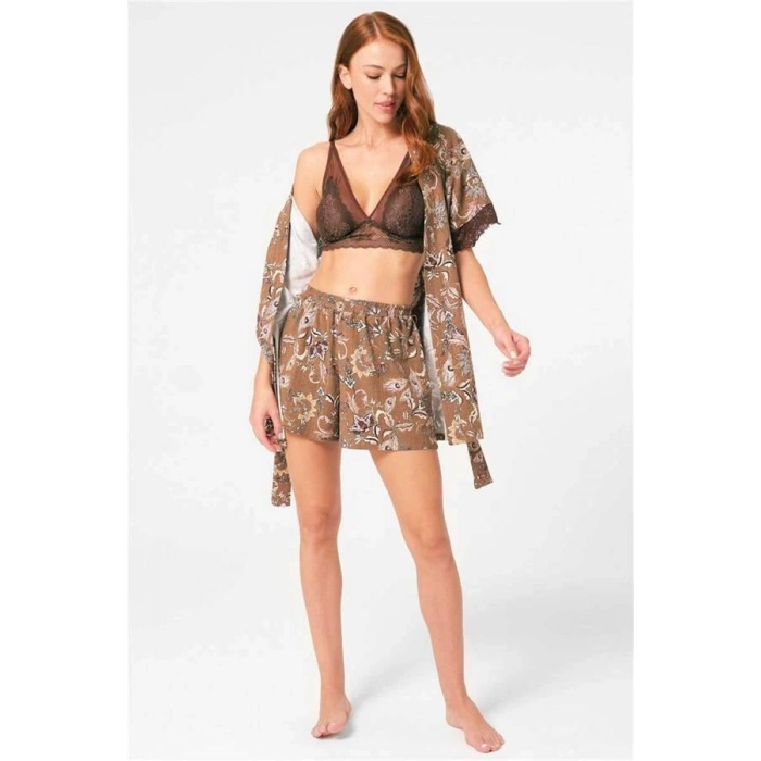 Vipmarketim Anıl İp Askılı V Yaka Polyamid Elastan Çiçek Desenli Yazlık Örme Normal Bel Dantel Detaylı Pijama Takımı Sabahlık (kod:5799)