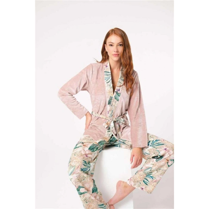 Vipmarketim Anıl Uzun Kol V Yaka Viskon Çiçek Desenli Kışlık Örme Normal Bel Bağlamalı Pijama Takımı (kod:5802)