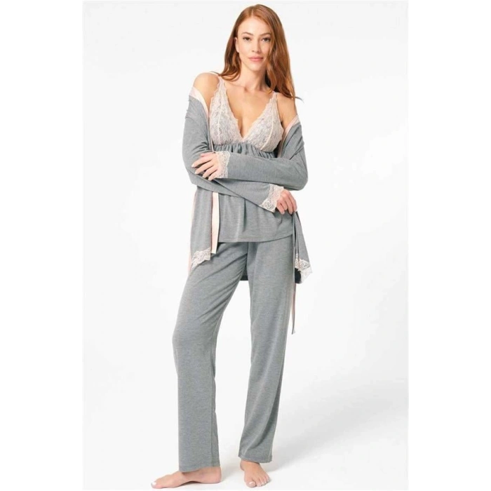 Vipmarketim Anıl Kalın Askılı V Yaka Viskon Düz Kışlık Örme Normal Bel Dantel Detaylı Pijama Takımı Sabahlık (kod:5803)