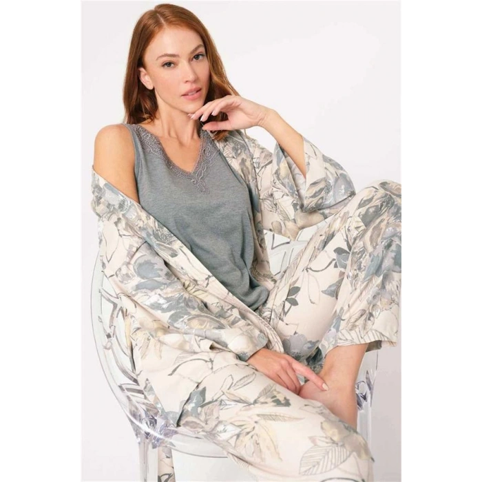 Vipmarketim Anıl Kalın Askılı V Yaka Viskon Çiçek Desenli Kışlık Örme Normal Bel Bağlamalı Nakış Detaylı Pijama Takımı Sabahlık (kod:5805)