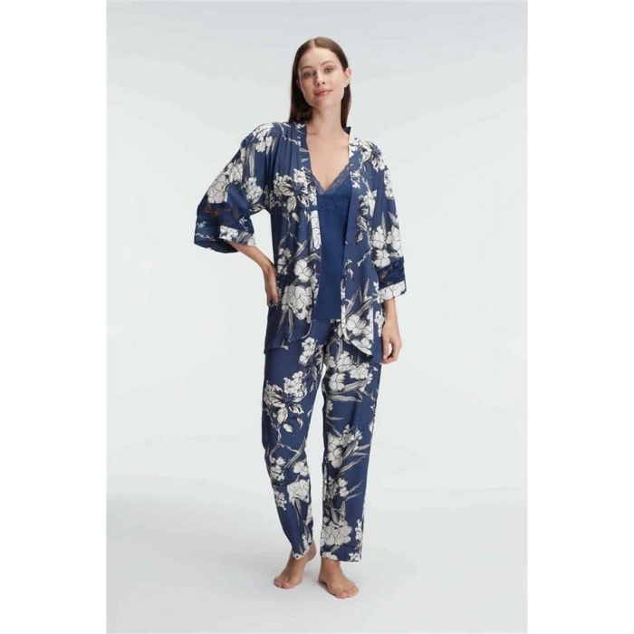 Vipmarketim Anıl İp Askılı V Yaka Kadın Viskon Çiçek Desenli Yazlık Dantel Detaylı Pijama Takımı Sabahlık (kod:5825)