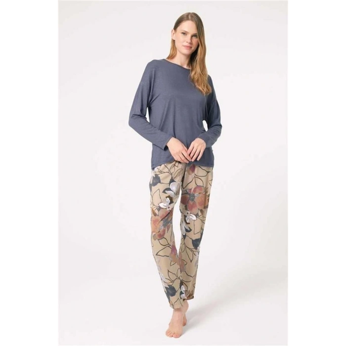 Vipmarketim Anıl Uzun Kol Bisiklet Yaka Viskon Çiçek Desenli Kışlık Örme Normal Bel Dantel Detaylı Pijama Takımı (kod:9836)