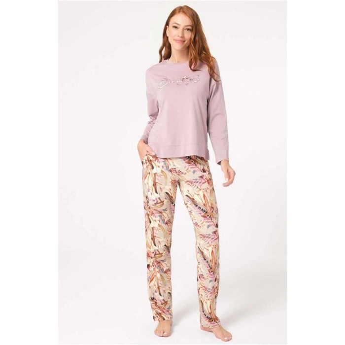 Vipmarketim Anıl Uzun Kol Bisiklet Yaka Modal Çiçek Desenli Kışlık Örme Normal Bel Nakış Detaylı Pijama Takımı (kod:9838)