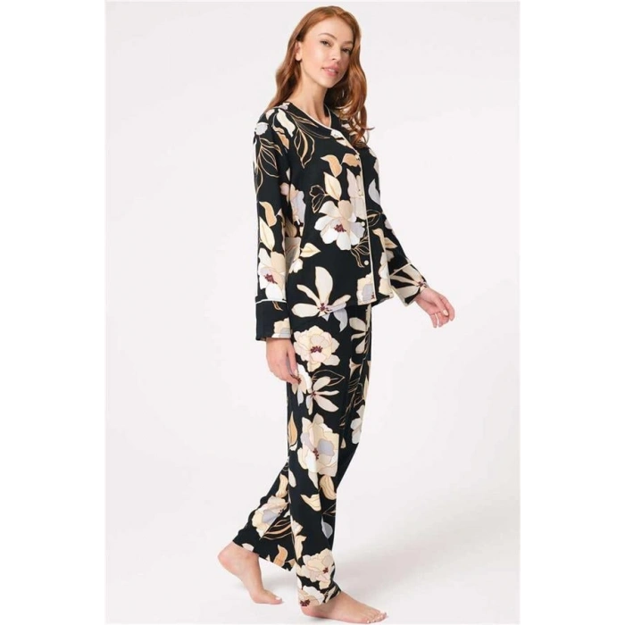 Vipmarketim Anıl Uzun Kol V Yaka Viskon Çiçek Desenli Kışlık Örme Normal Bel Pijama Takımı (kod:9848)