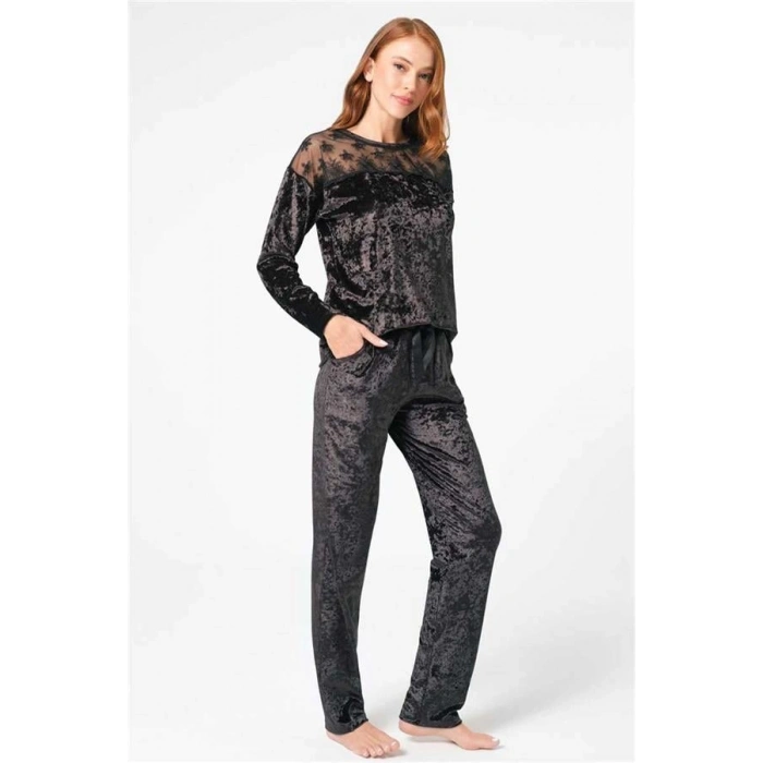 Vipmarketim Anıl Uzun Kol Bisiklet Yaka Kadife Düz Kışlık Örme Normal Bel Dantel Detaylı Pijama Takımı (kod:9861)