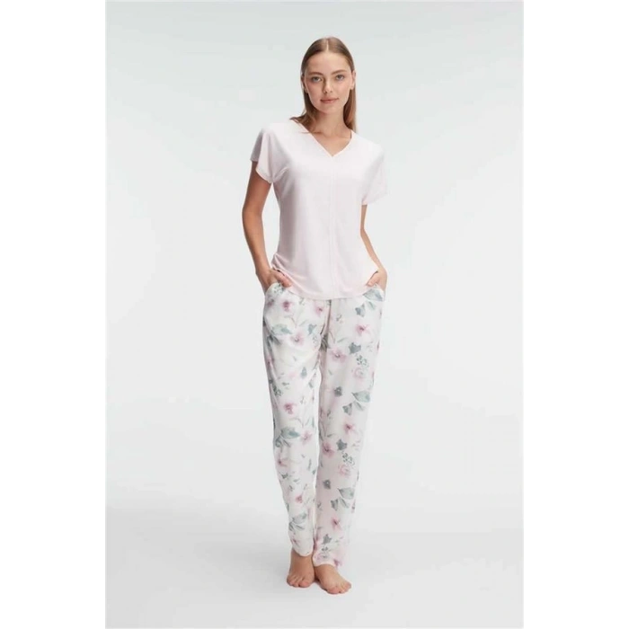 Vipmarketim Anıl Ev Giyimi Kısa Kol V Yaka Kadın Viskon Çiçek Desenli Yazlık Örme Normal Bel Pijama Takımı (kod:9868)