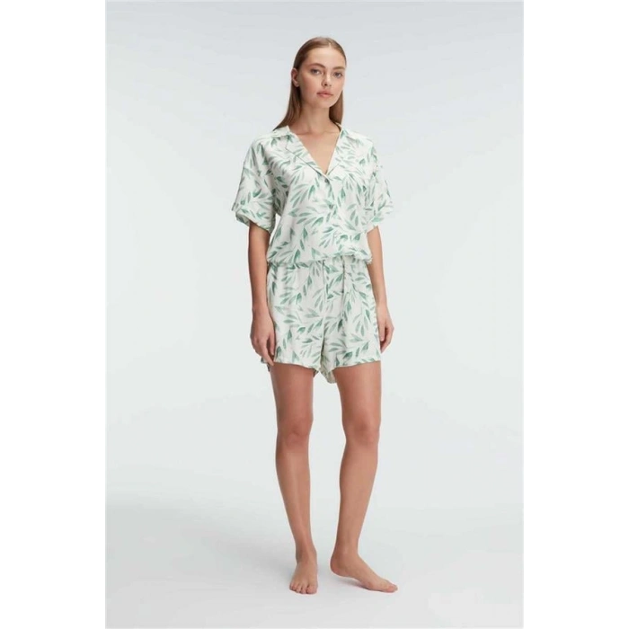 VipMarketim Anıl Ev Giyimi Kısa Kol V Yaka Kadın Viskon Tropikal Yazlık Örme Normal Bel Mi̇ni̇ Pijama Takımı (Kod:9876)