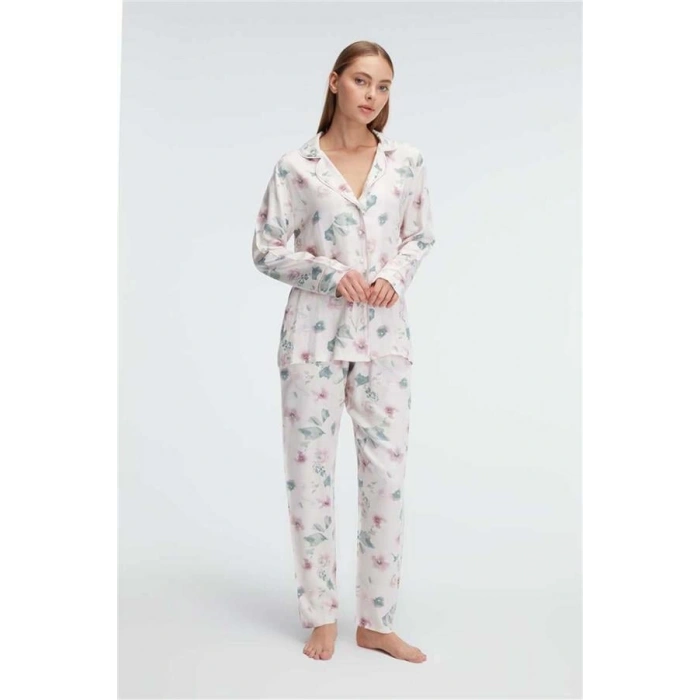 Vipmarketim Anıl Ev Giyimi Kol V Yaka Kadın Viskon Çiçek Desenli Yazlık Dokuma Normal Bel Pijama Takımı (kod:11310)