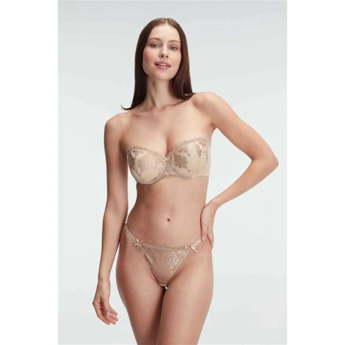 Vipmarketim Anıl Fantezi Straplez Çiçek Desenli Destekli Balenli Kaplı Dantel Detaylı Sütyen String Takım İç Çamaşırı Takımı (kod:4835)