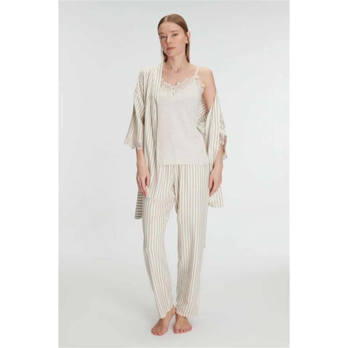 VipMarketim Anıl Kadın 3’Lü Sabahlık, Atlet Ve Pantolon Takımı Dantel Detaylı, Gecelik Set (Kod:11215)