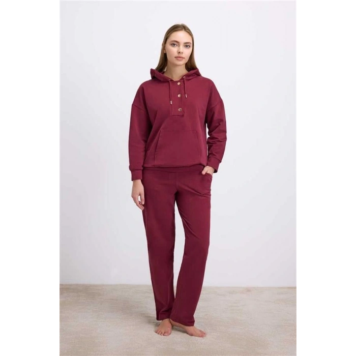 Vipmarketim Anıl Kadın Bordo Kapüşonlu Sweatshirt Ve Pantolon Takımı ( ) (kod:11604)