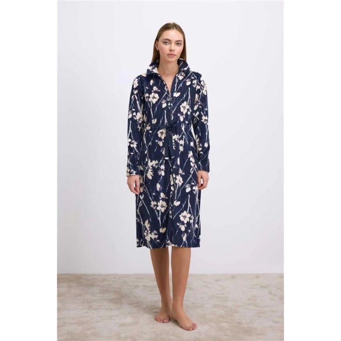 Vipmarketim Anil Kadın Çiçek Desenli Fermuarlı Kadife Sabahlık Takımı (kod:11537)