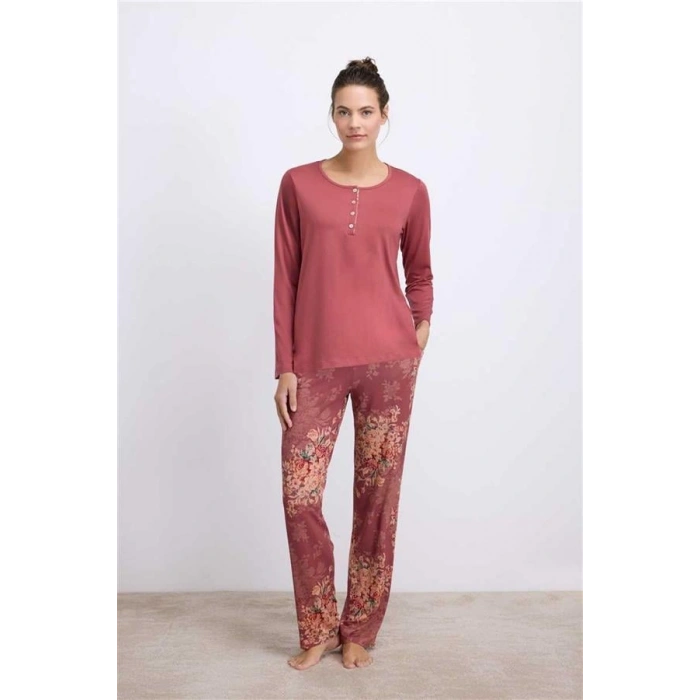 VipMarketim Anıl Kadın Çiçek Desenli Uzun Kollu Viskon Kumaştan T-Shirt Ve Pantolon Pijama Takımı ( ) (Kod:11628)