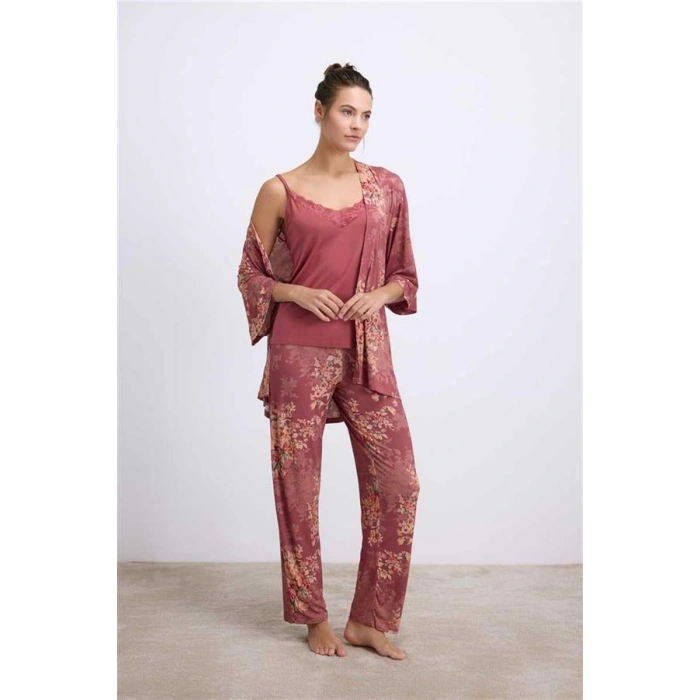 Vipmarketim Anıl Kadın Çiçek Desenli Viskon Lenzing Kumaştan Sabahlık, Atlet Ve Pantolon Takımı ( ) (kod:11603)