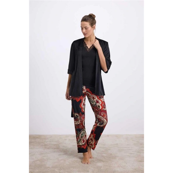 VipMarketim Anıl Kadın Desenli Pantolonlu 3’Lü Set – Sabahlık, Dantel Detaylı Atlet Ve Pantolon Takımı ( ) (Kod:11546)