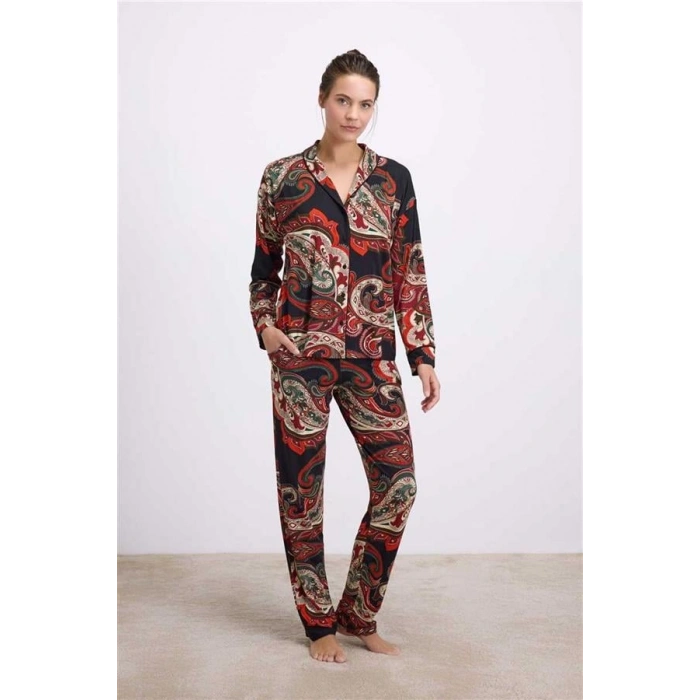 VipMarketim Anıl Kadın Desenli Uzun Kollu Gömlek Ve Pantolon Pijama Takımı ( ) (Kod:11545)