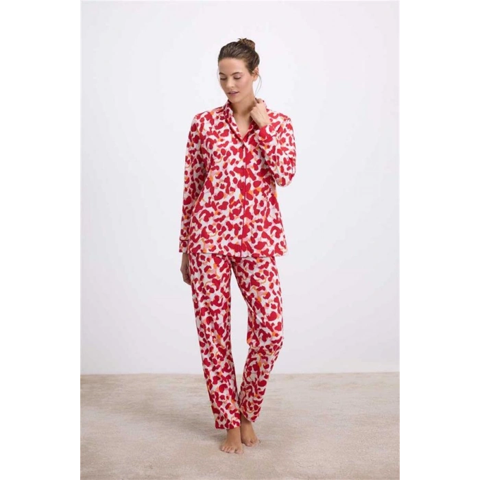 VipMarketim Anıl Kadın Desenli Uzun Kollu Gömlek Yaka Pijama Takımı Nefes Alabilir Yumuşak Kumaş (Jersey) (Kod:11564)